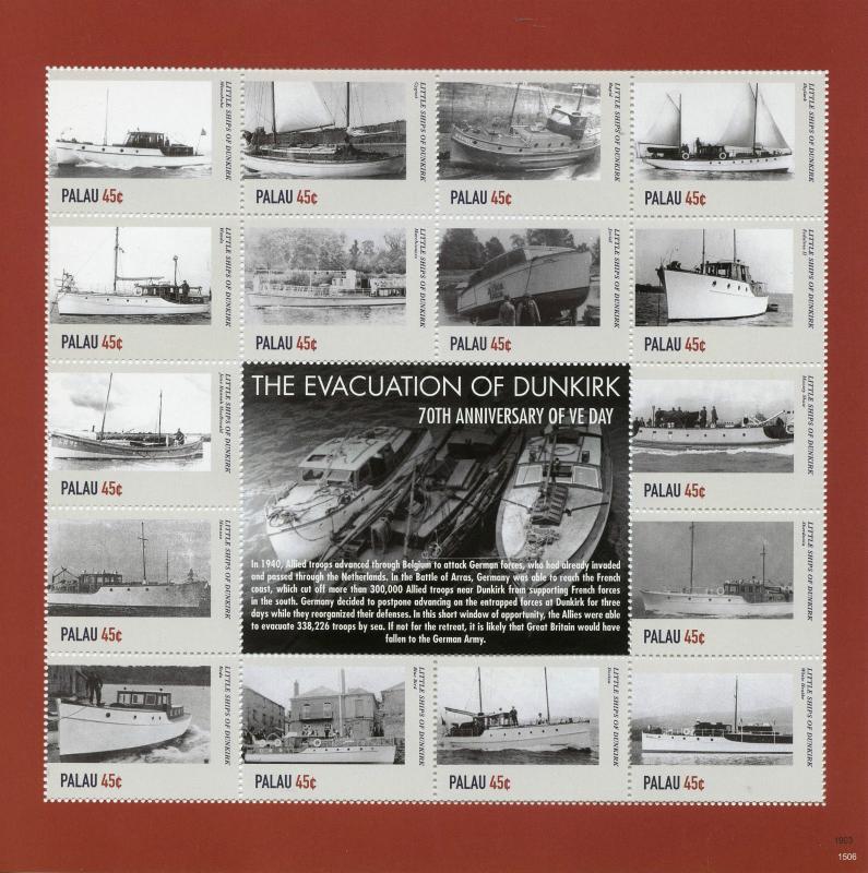 Palau Ships Stamps 2015 MNH WWII WW2 VE Day Evacuation Dunkirk War 16v M/S II