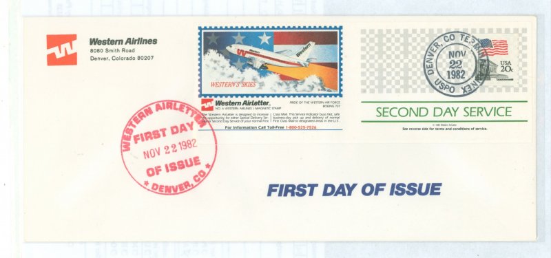 US 1CL1 1982 Western Airlines/Second Day Service on a FDC with a Denver, CO November 22, 1982 cancel