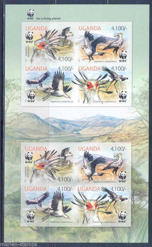 UGANDA SECRETARYBIRD WORLD WILDLIFE FUND IMPERFORATE  SHEET  OF EIGHT MINT NH 