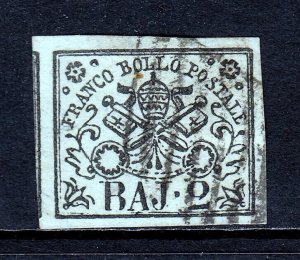 ITALY (ROMAN STATES) — SCOTT 2 — 1852 2b BLK. ON GREENISH WHITE — USED — SCV $72