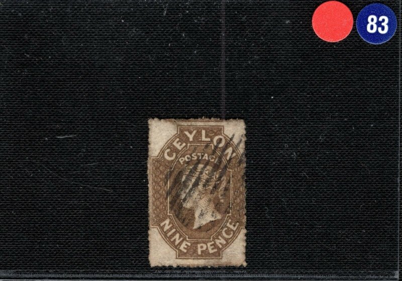 CEYLON QV Stamp SG.33b 9d Olive-Sepia (1861-64) ROUGH PERF Used Cat £85 RBLUE83