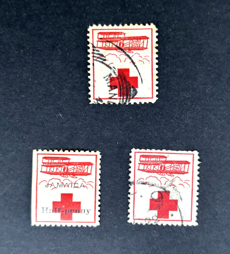 Jamaica 1915 Red Cross Labels, 2 different types, mint and used