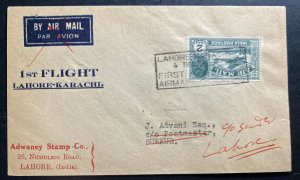 1934 Lahore India First Flight Airmail Cover FFC To Karachi