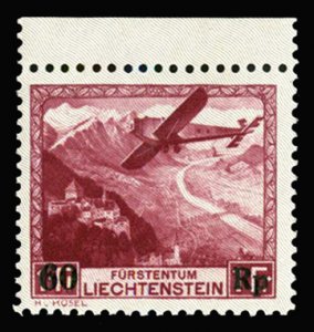 Liechtenstein #C14 Cat$130, 1935 60rp on 1fr lake, top margin single, never h...