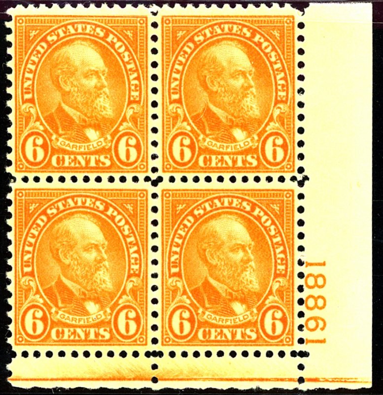 U.S. #638 MINT PL# BLOCK OG NH