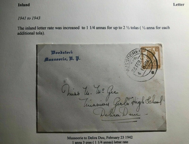 1942 Mussoorie India Rate Increased Letter Cover To Dehra Dun 