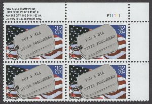 1995 POW and MIA Plate Block Of 4 32c Postage Stamps, Sc# 2966, MNH, OG