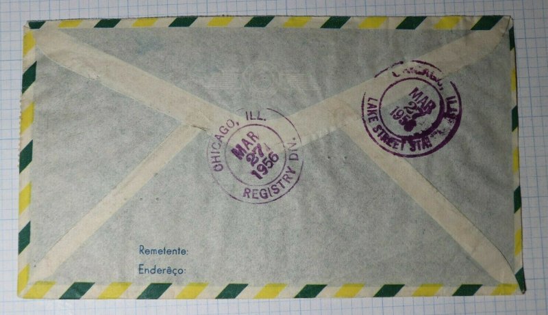 Brazil Registered Airmail Cover to USA Lions Itnl 1956 Recife Used Pair Sc# 788