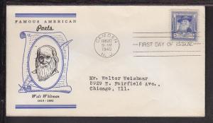 US 867 Walt Whitman 1940 Linprint Typed FDC H470