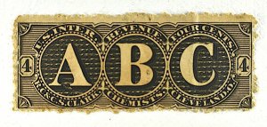 US PRIVATE DIE PROPRIETARY STAMP SCOTT # RS58b ABC 4C R.C.& CLARK, 1862