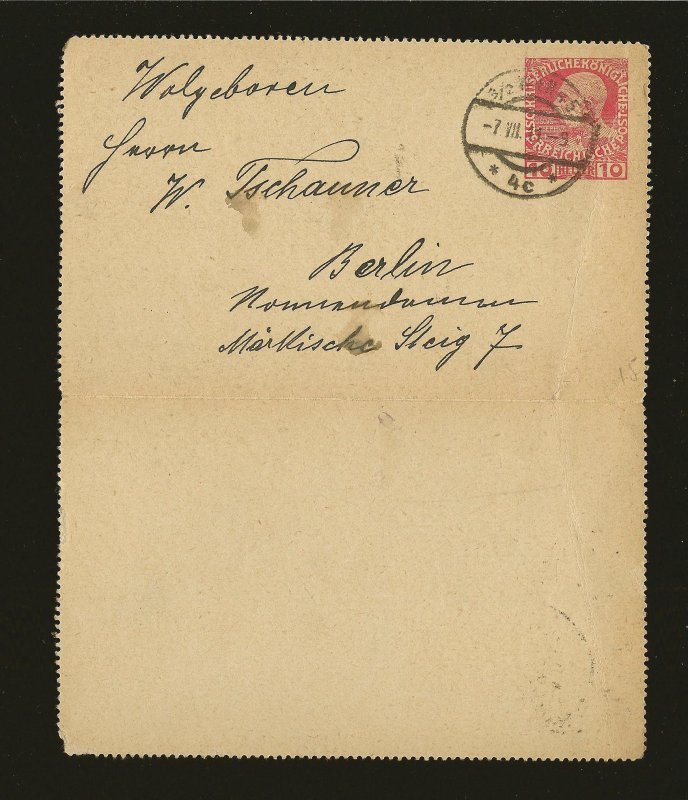 Austria Postmarked 1911 10 Heller Red Karten-Brief Postal Card Used