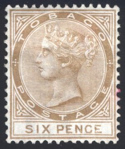 Tobago 1880 6d Bister Brown Watermark Crown CC Scott 11 SG 11 MH Cat $425