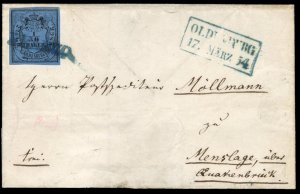 German States, Oldenburg #1 Cat$80, 1852 1/30th black on blue, tied by blue p...