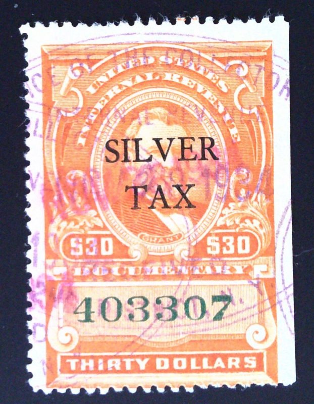 Scott #RG19 - $30 Vermilion - Silver Tax Stamps - Used  - 1934