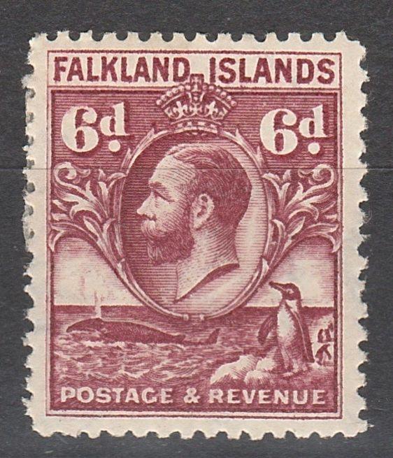 FALKLAND ISLANDS 1929 KGV PENGUIN AND WHALE 6D REDDISH PURPLE