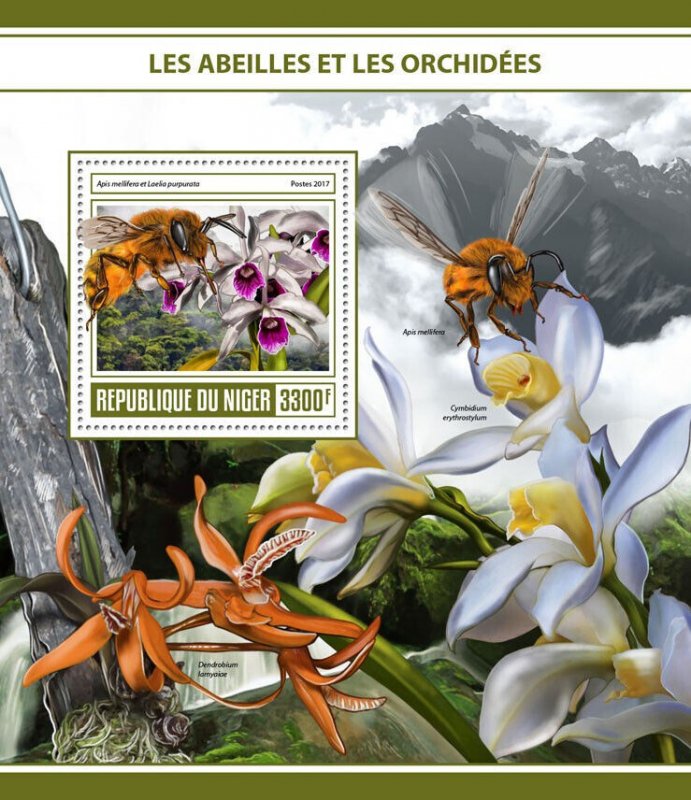 Bees & Orchids Stamps Niger 2017 MNH Honey Bee Orchid Flowers Flora 1v S/S