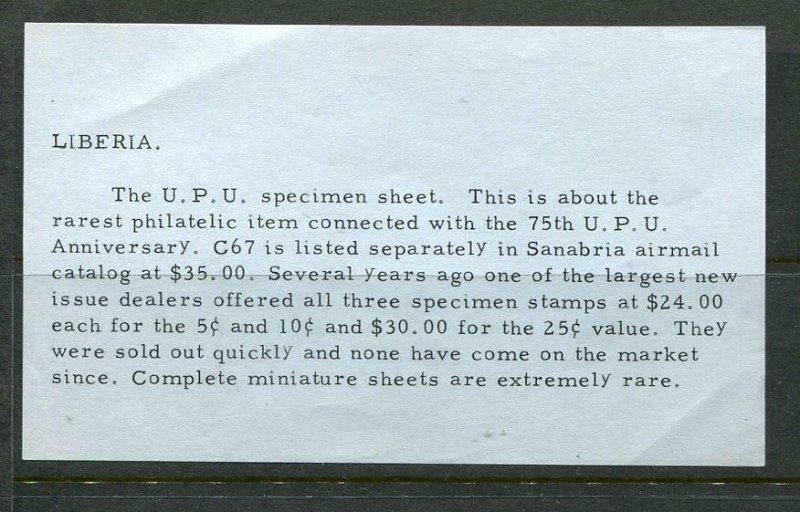 Liberia 1950 Sheet of 3 U.P.U. SPECIMEN JUBILEE overprint MNH 6177 