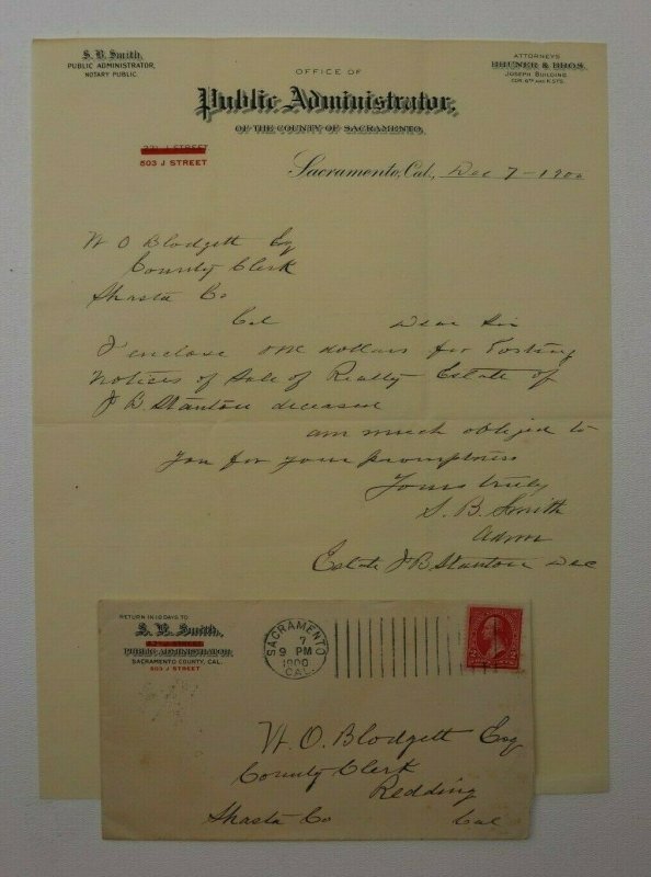 Vintage S.B. Smith Public Administrator Notary Letterhead Sacramento CA 1900 