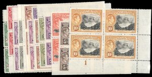 Dominica #97-110 Cat$320, 1938-47 George VI, complete set in blocks of four, ...