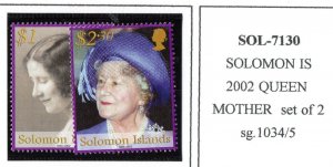 Thematic stamps SOLOMON IS 2002 QUEEN MOTHER 1034/5 mint