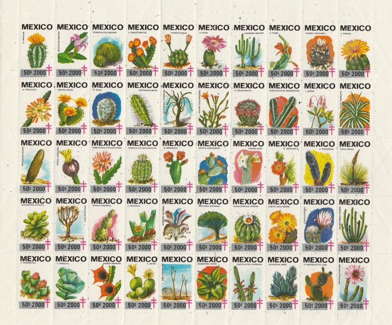 MEXICO TB SEALS, TB69 TII (THICK FIGS IN OVPT) 50¢ 2000 CACTUS FULL SHEET MNH VF