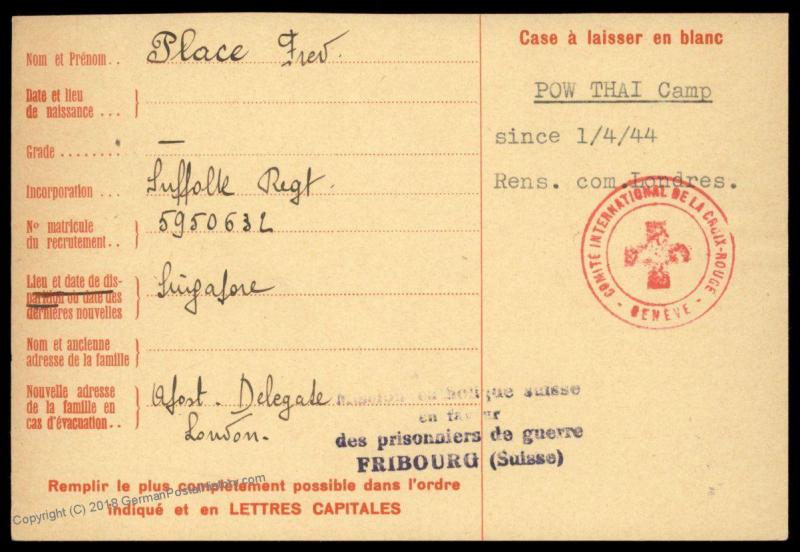 UK 1943 Singapore Japanese POW THAI Camp Red Cross Cover Catholic Switzerl 89603