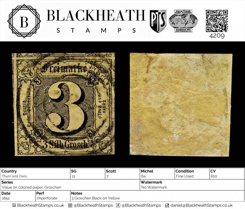 4209: Thurn and Taxis SG11 3 Groschen Black on Yellow. 1852. Sc#7 Mi6a Fine U...