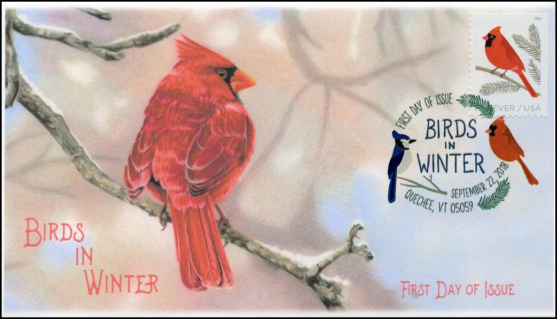 18-257, 2018, Birds in Winter, DCP Postmark, Cardinal, FDC