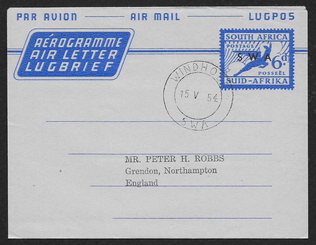 SOUTH WEST AFRICA Aerogramme 6d Flying Gazelle 1954 Windhoek cancel to
