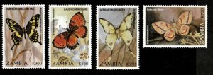 Zambia 1997 - Butterflies and Moths - Set of 4 stamps - Scott #679-82 - MNH