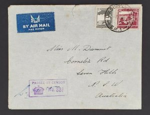 1940 Palestine Australian Army DIV Supply H.Q.P.O. 5.M.I Censored Airmail Cover