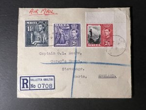 1945 Registered Malta Airmail Cover Valletta to Stevenage Herts England