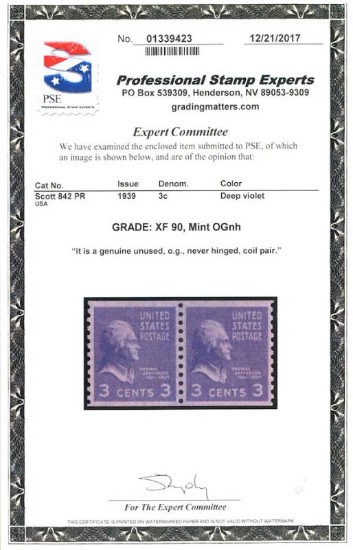 US #842 GRADED CERT, XF mint never hinged PAIR, a super looking pair, VERY NI...