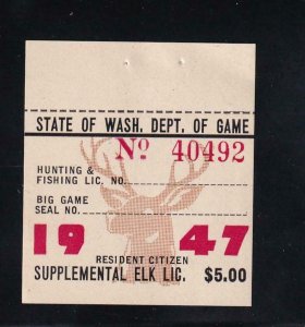 1947 WA State: Resident Supplement Elk Stamp, Wooten #1, MNH (43611) 