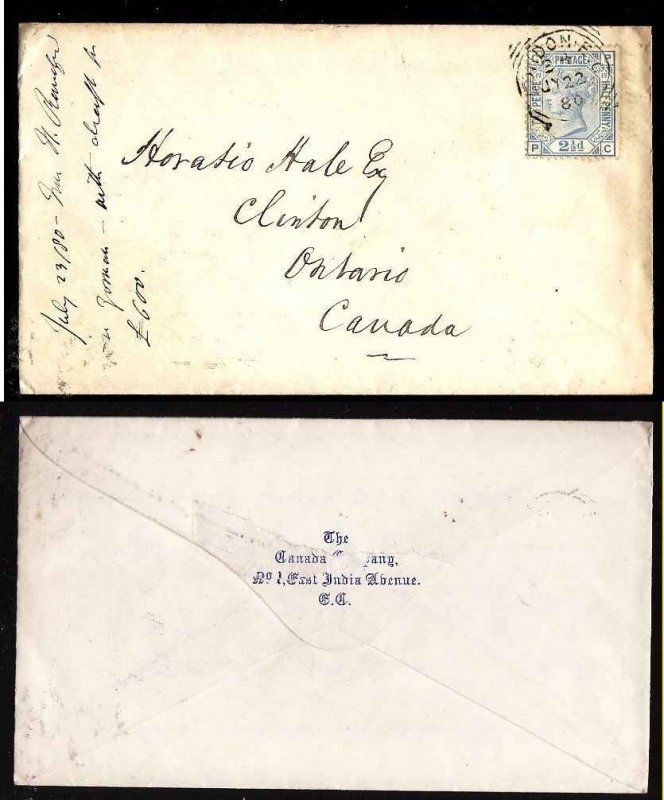 GB-London E.C. squared circle cancel-cover-Jy 22 1880 to Canada-enclo