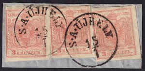 Austria - 1850 - Scott #3 - 3x used on piece - S.A. UJHELY pmk Hungary