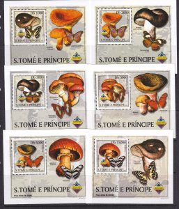 Sao Tome and Principe 2003 Mushrooms Butterflies 6 S/Sheets Deluxe Edition MNH