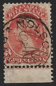 CANADA 1865 QV 3c Red BILL Stamp REVENUE w IMPRINT VDM. FB20 USED