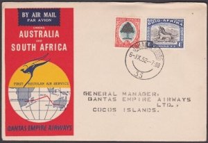 COCOS ISLAND 1952 Qantas flight cover ex Sth Africa - RAAF PO COCOS cds.....W538