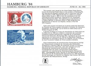 ENGRAVED SOUVENIR CARD COMMEMORATING HAMBURG '84 GERMANY UNIVERSAL POSTAL UNION