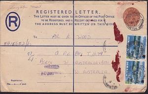 JAMAICA 1969 6d+3d registered envelope uprated used to Australia............7477