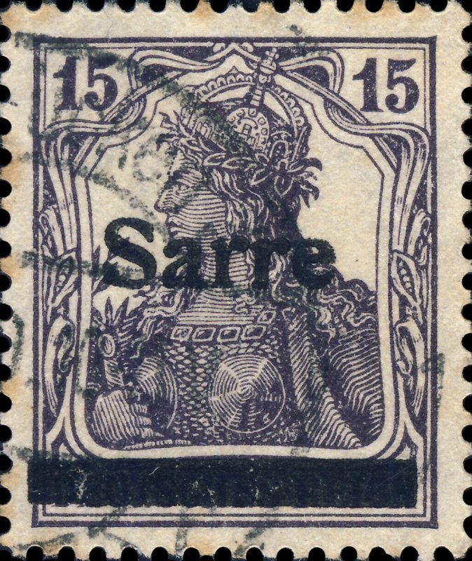 SARRE / SAAR / SAARGEBIET -1920 Mi.7.a.III blackish grey-violet 15pf t.III F/VFU