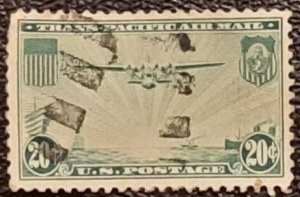 US Scott # C21; used 20c China Clipper from 1937; F/VF centering; off paper