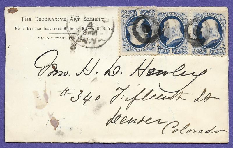 #156  BUFFALO, N.Y. -  c1874  BLUE PAIR + 1, AMBER US POSTAL HISTORY COVER.