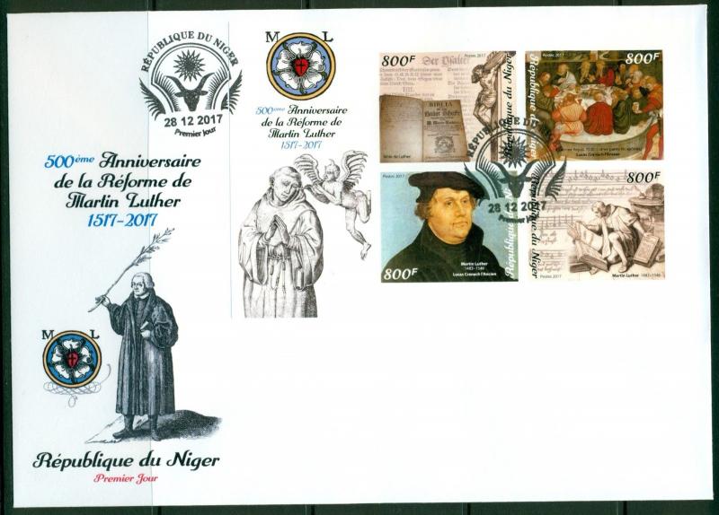 Reformation 500 Martin Luther Protestantism Niger imperforated FDC cover set