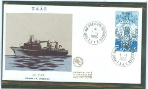 French Southern & Antarctic Territories 123 1986 2.10fr ship Le Var on an unaddressed and cacheted FDC