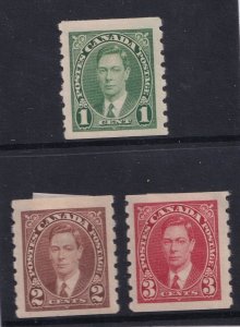 1937CANADA - SG:368/70 - KING GEORGE VI - COIL STAMPS IMPERF X P8 - MOUNTED MINT