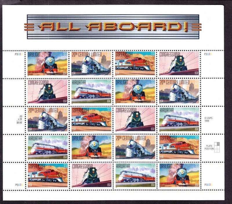 US 3333-37 33c All Aboard! Mint Sheet OG NH 