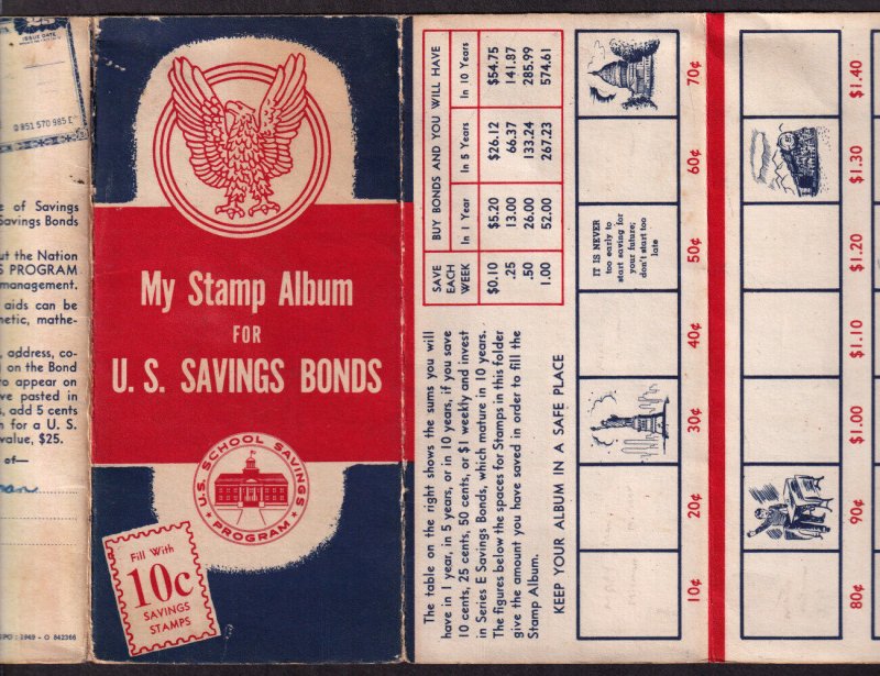 1949 Postal Savings multi-fold album 12 X 13 $25 Savings Bonds 10c values (M2