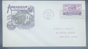 Scott 782  FDC  Arkansas Centennial  unknown cachet